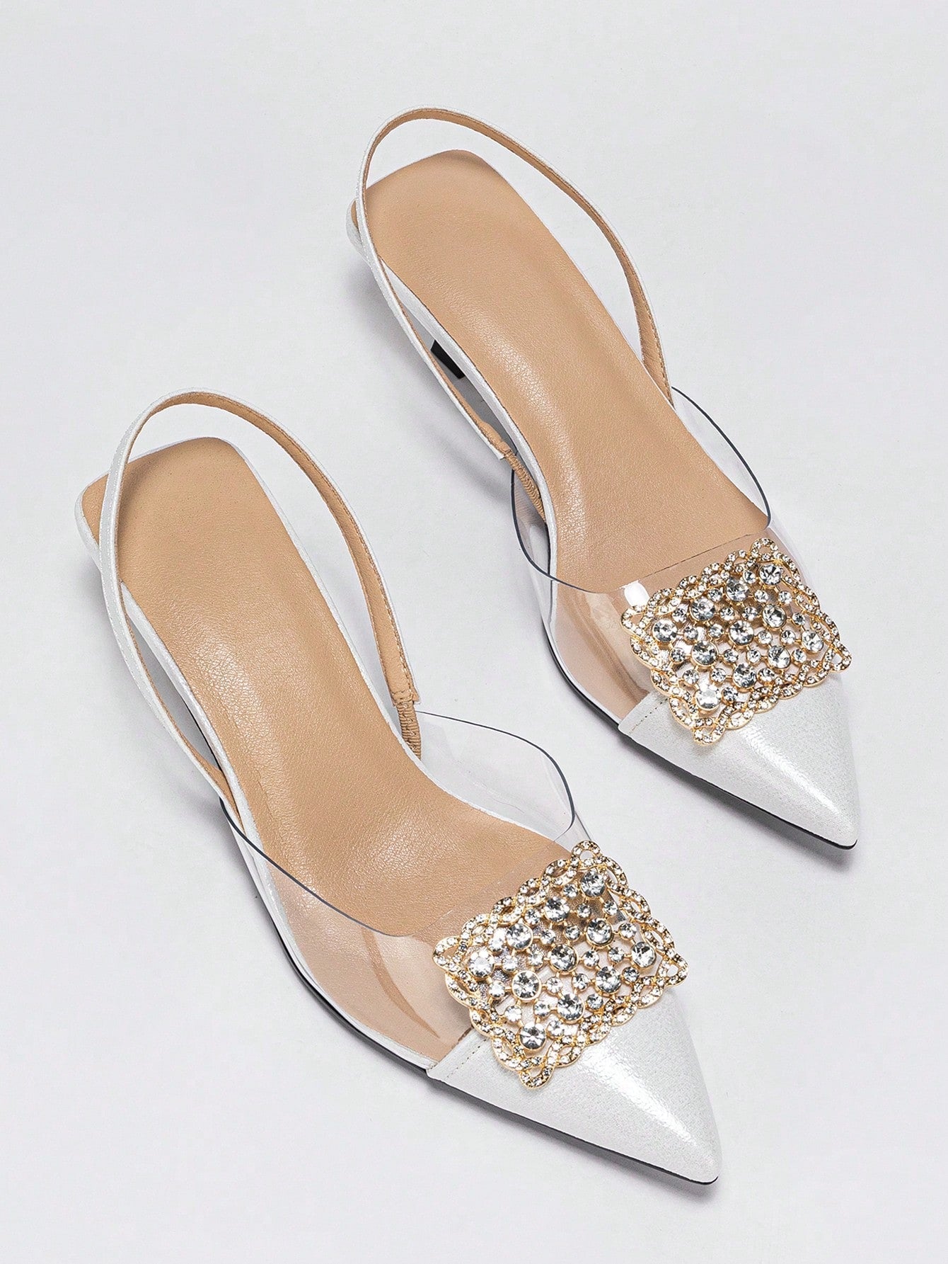 Women's Rhinestone Decorated Pointed Toe Slingback Kitten Heel Slip-On Pumps shein