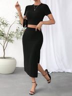 Essnce Solid Crop Tee & Split Thigh Skirt Shein