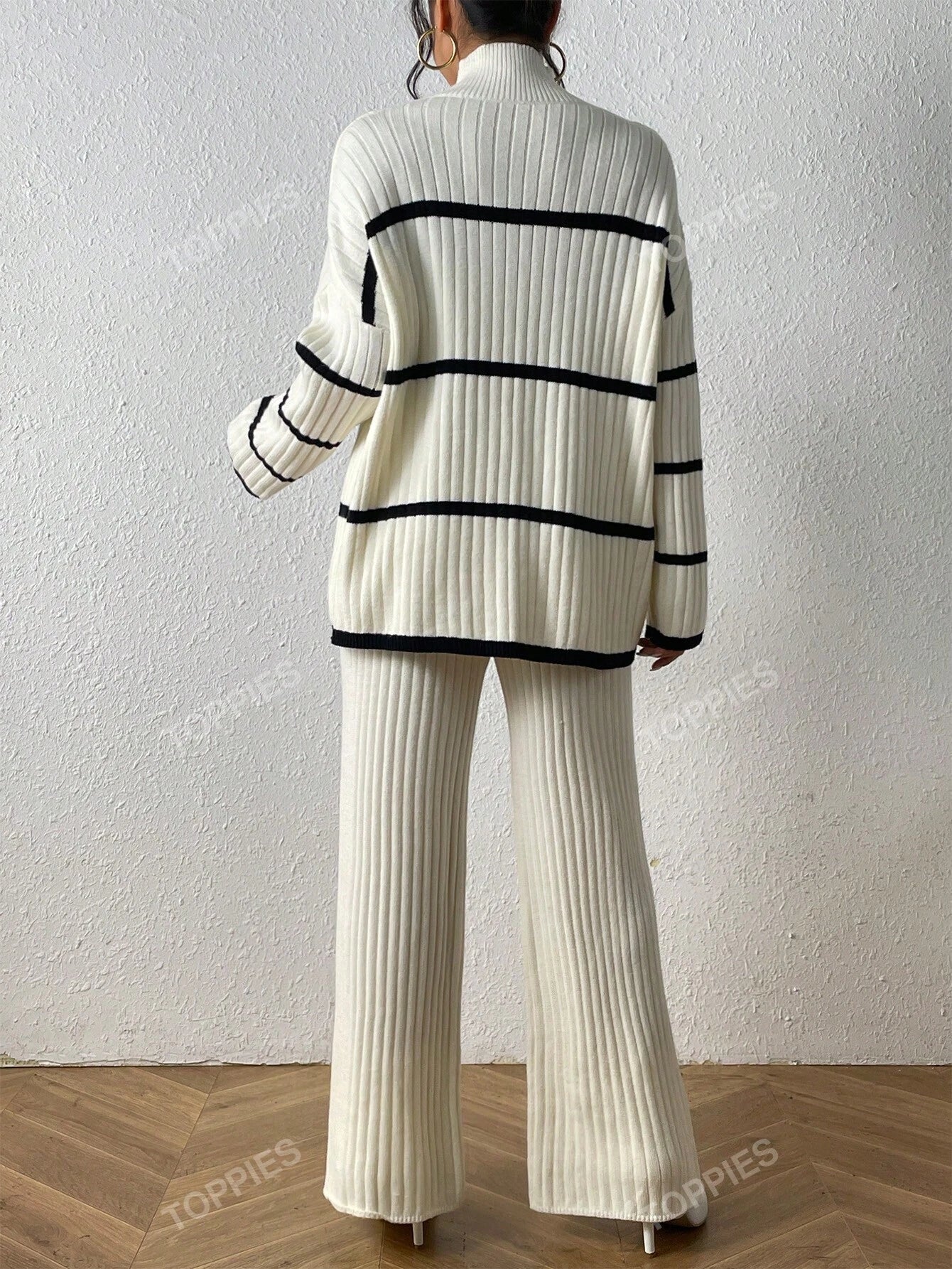 Striped Pattern Drop Shoulder Sweater & Knit Pants shein