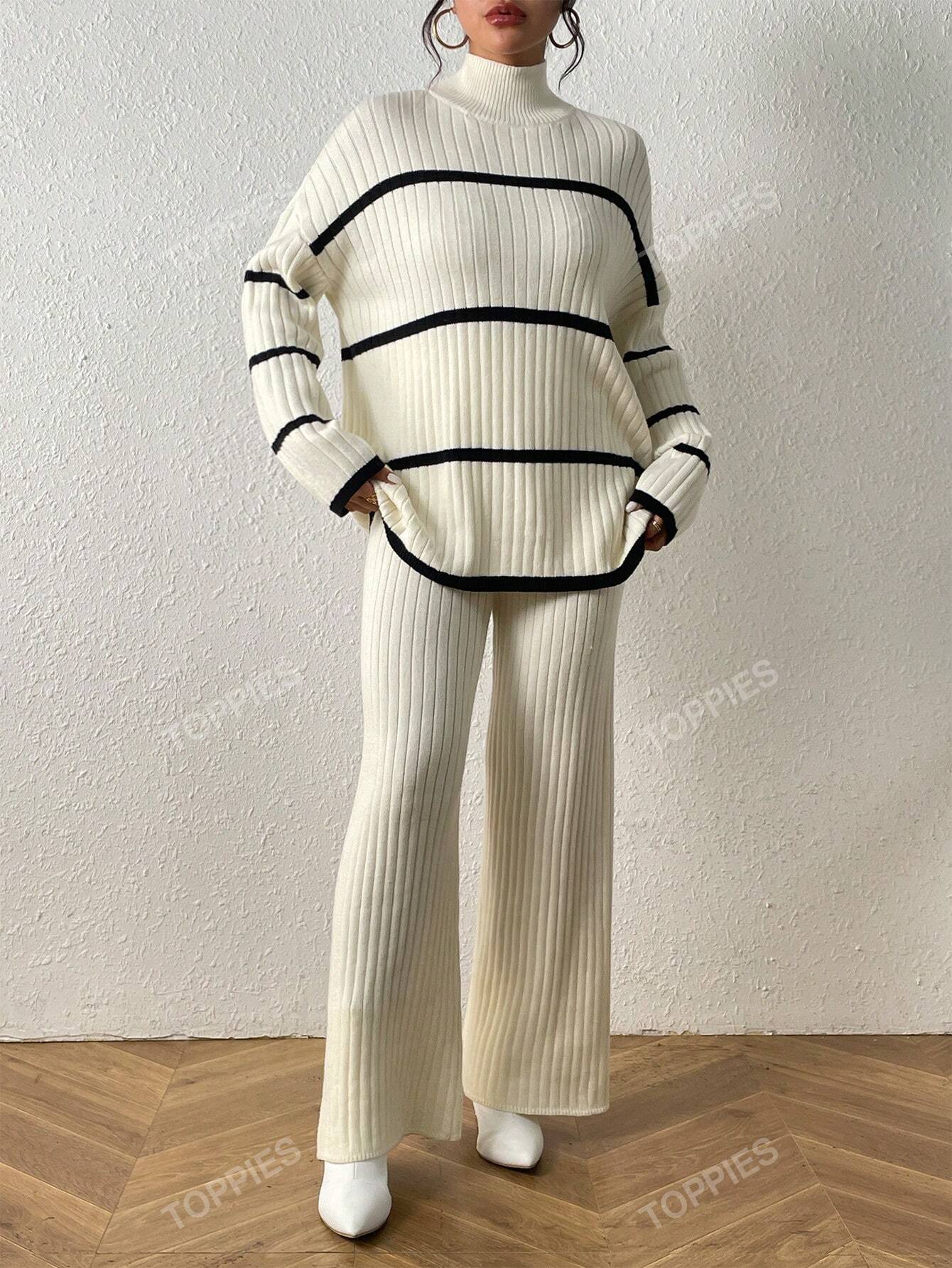 Striped Pattern Drop Shoulder Sweater & Knit Pants shein