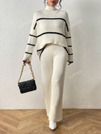 Striped Pattern Drop Shoulder Sweater & Knit Pants shein