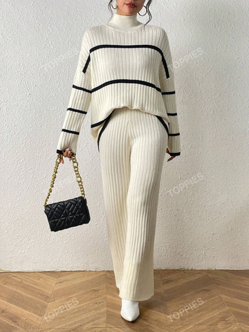 Striped Pattern Drop Shoulder Sweater & Knit Pants