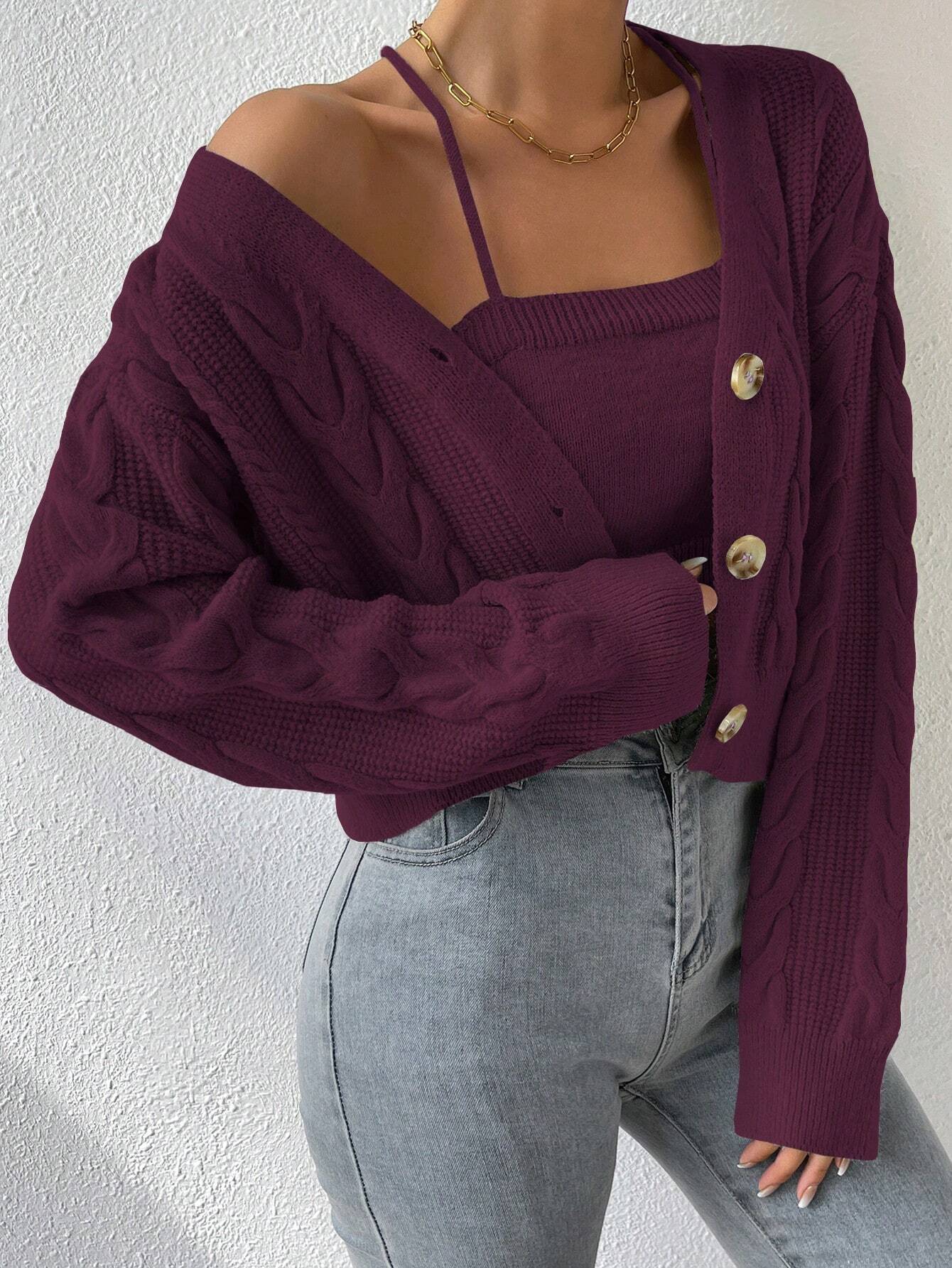 MOOSTA Drop Shoulder Cable Knit Cardigan & Crop Knit Top shein