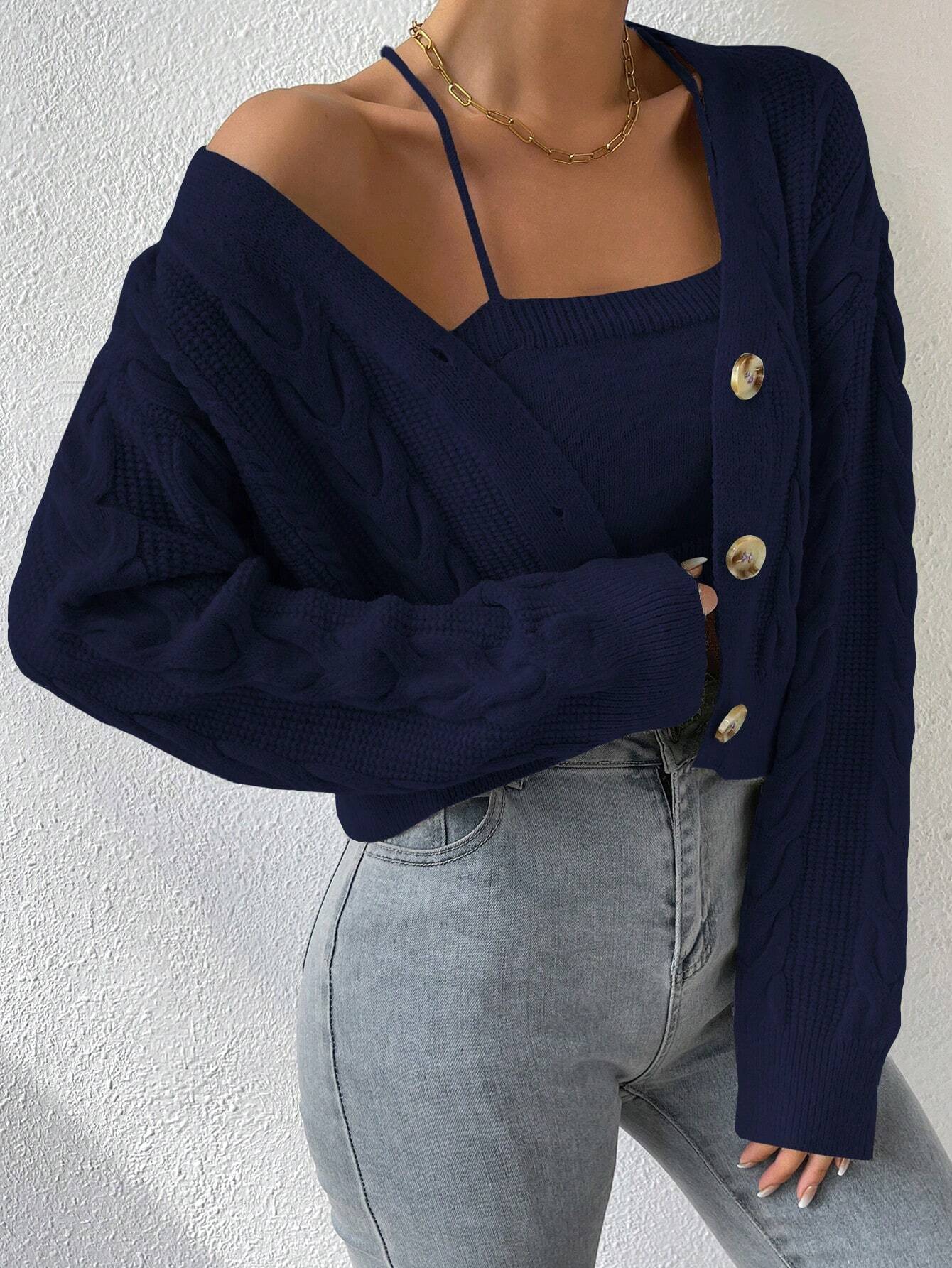 MOOSTA Drop Shoulder Cable Knit Cardigan & Crop Knit Top shein