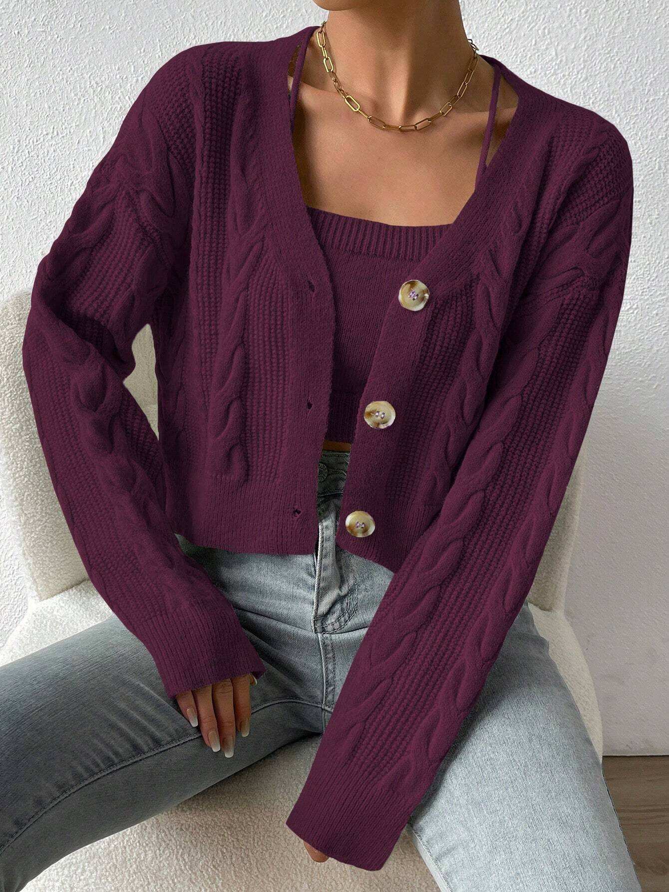 MOOSTA Drop Shoulder Cable Knit Cardigan & Crop Knit Top shein