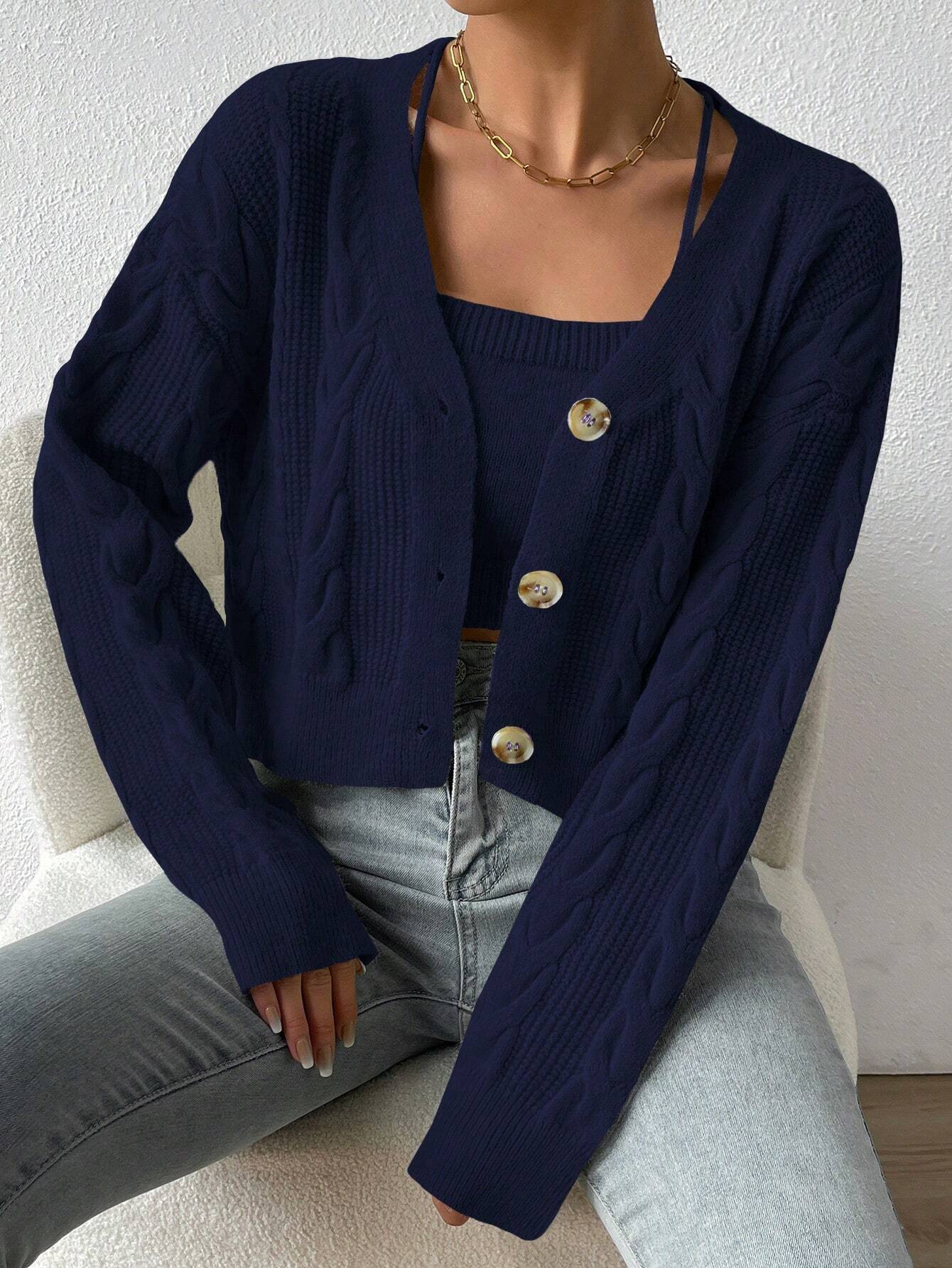 MOOSTA Drop Shoulder Cable Knit Cardigan & Crop Knit Top shein