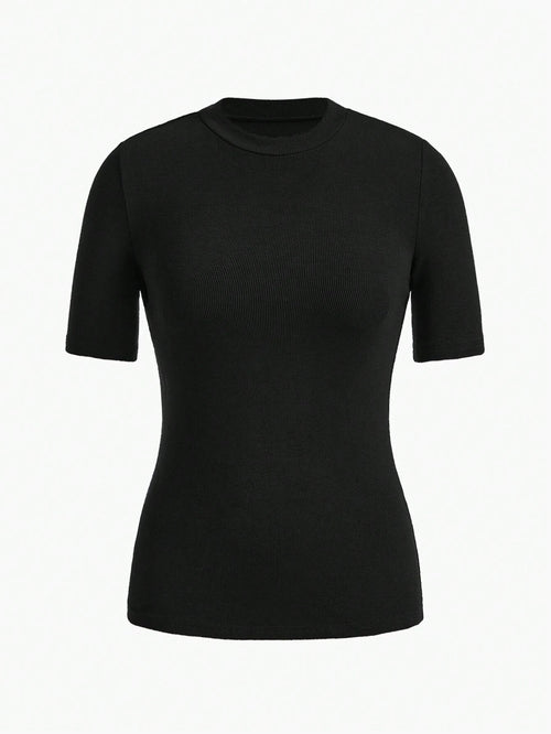 BASICS Mock-Neck Rib-knit Top shein