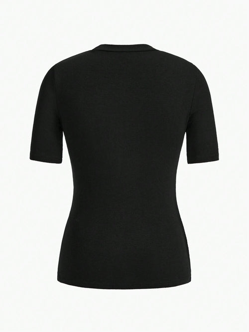 BASICS Mock-Neck Rib-knit Top shein