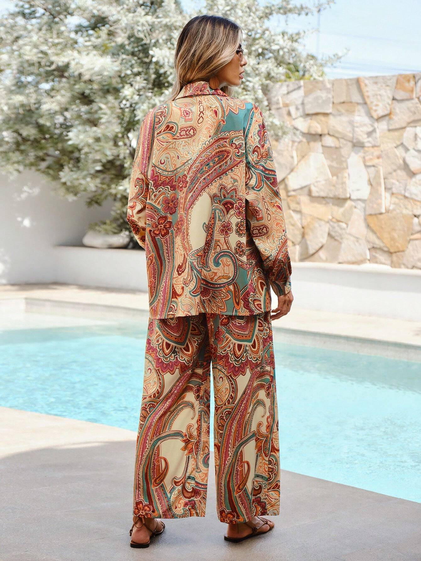 VCAY Ladies' Simple Printed Daily Top And Pants Two-Piece Set shein