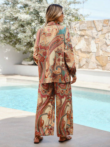 VCAY Ladies' Simple Printed Daily Top And Pants Two-Piece Set