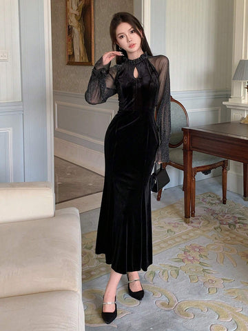 DAZY Contrast Mesh Flounce Sleeve Mermaid Hem Velvet Dress