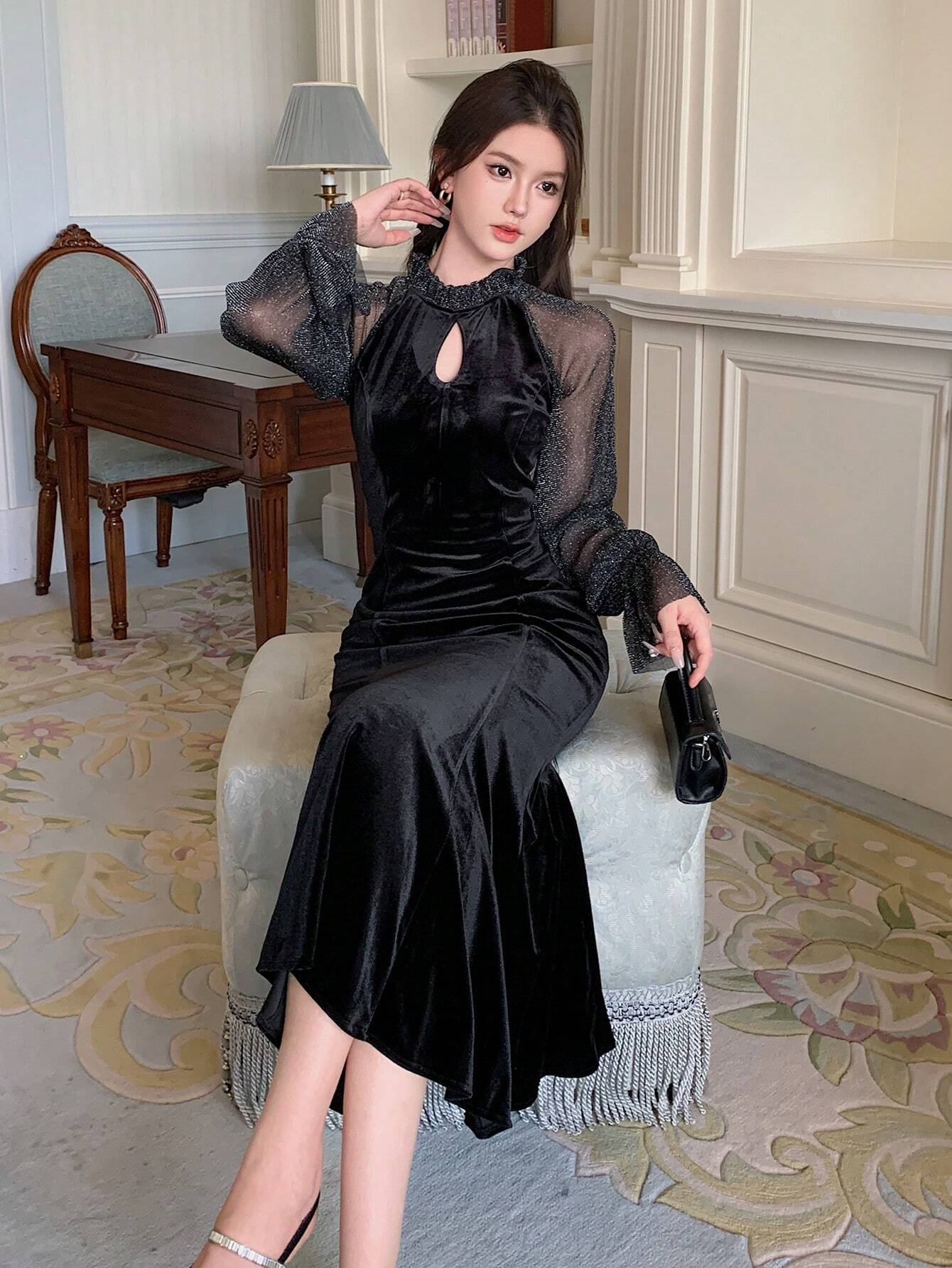 DAZY Contrast Mesh Flounce Sleeve Mermaid Hem Velvet Dress shein