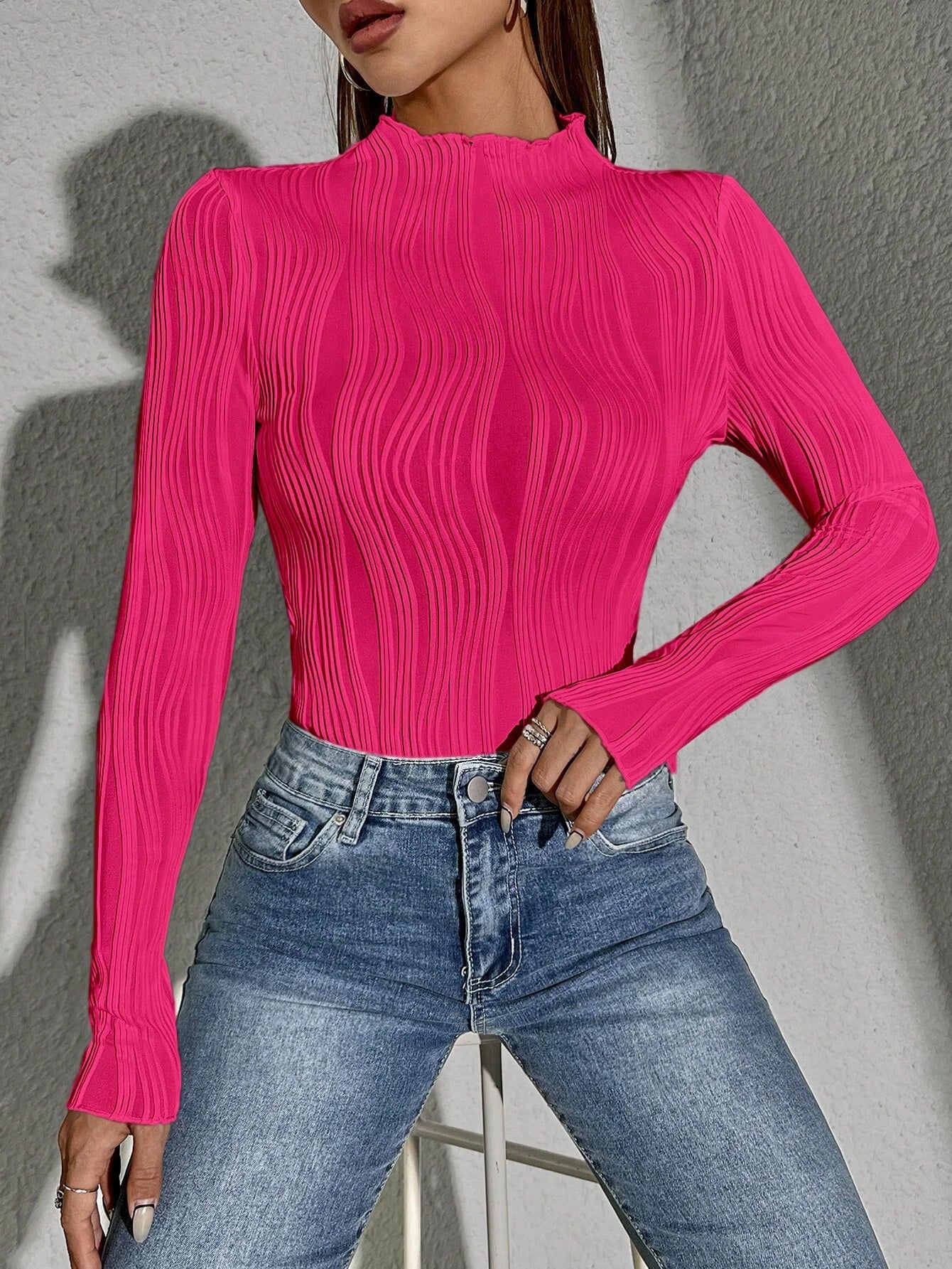 Siren Gaze Women Solid Color Daily Wear Lettuce Trim Tee shein