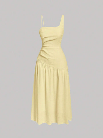 MOD Solid Asymmetrical Neck Ruched Dress