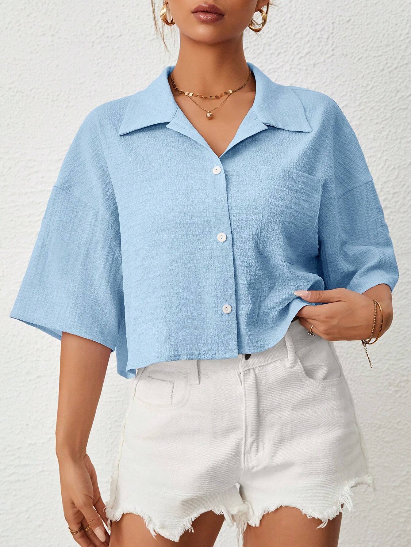 EZwear Solid Button Front Pocket Patched Shirt shein