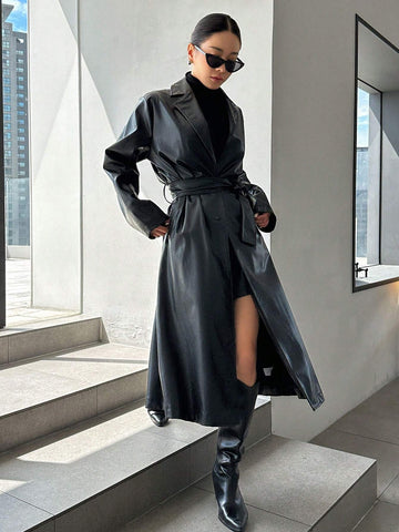 DAZY Lapel Neck Belted PU Leather Trench Coat shein