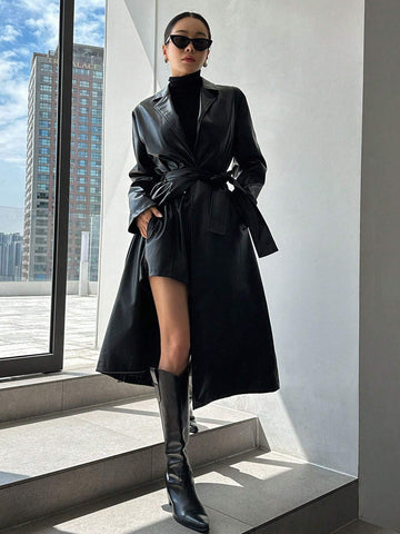 DAZY Lapel Neck Belted PU Leather Trench Coat shein