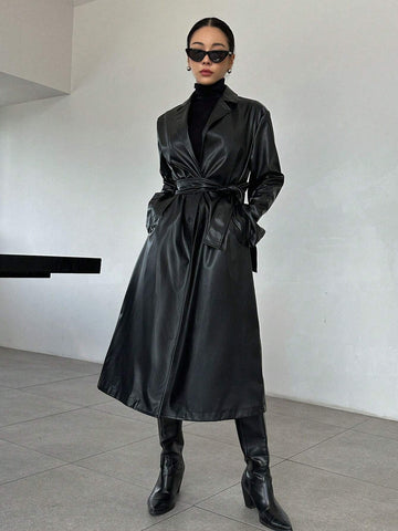 DAZY Lapel Neck Belted PU Leather Trench Coat shein