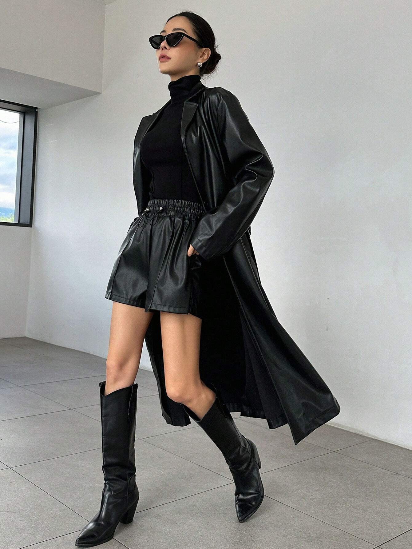 DAZY Lapel Neck Belted PU Leather Trench Coat shein