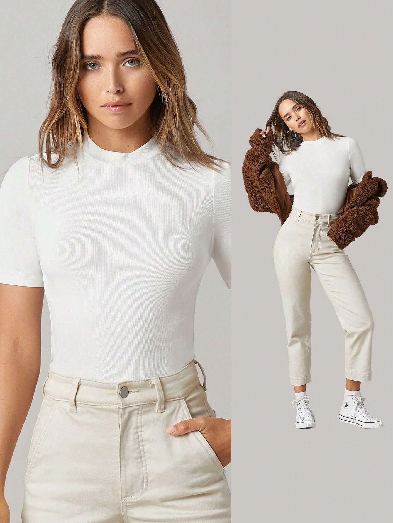 BASICS Mock-Neck Rib-knit Top shein