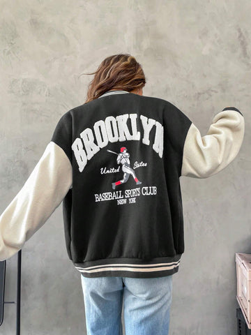 Carly Lawrence SHEIN MOOSTA Figure & Letter Graphic Drop Shoulder Two Tone Varsity Jacket shein