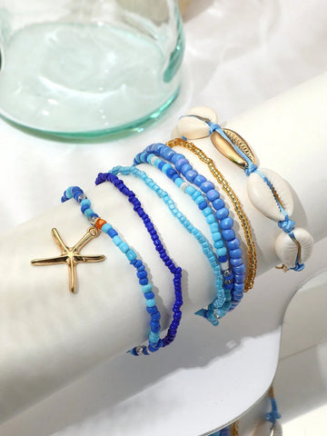 7pcs Bohemian Style Beaded Bracelets With Shell, Beads & Starfish Pendants shein