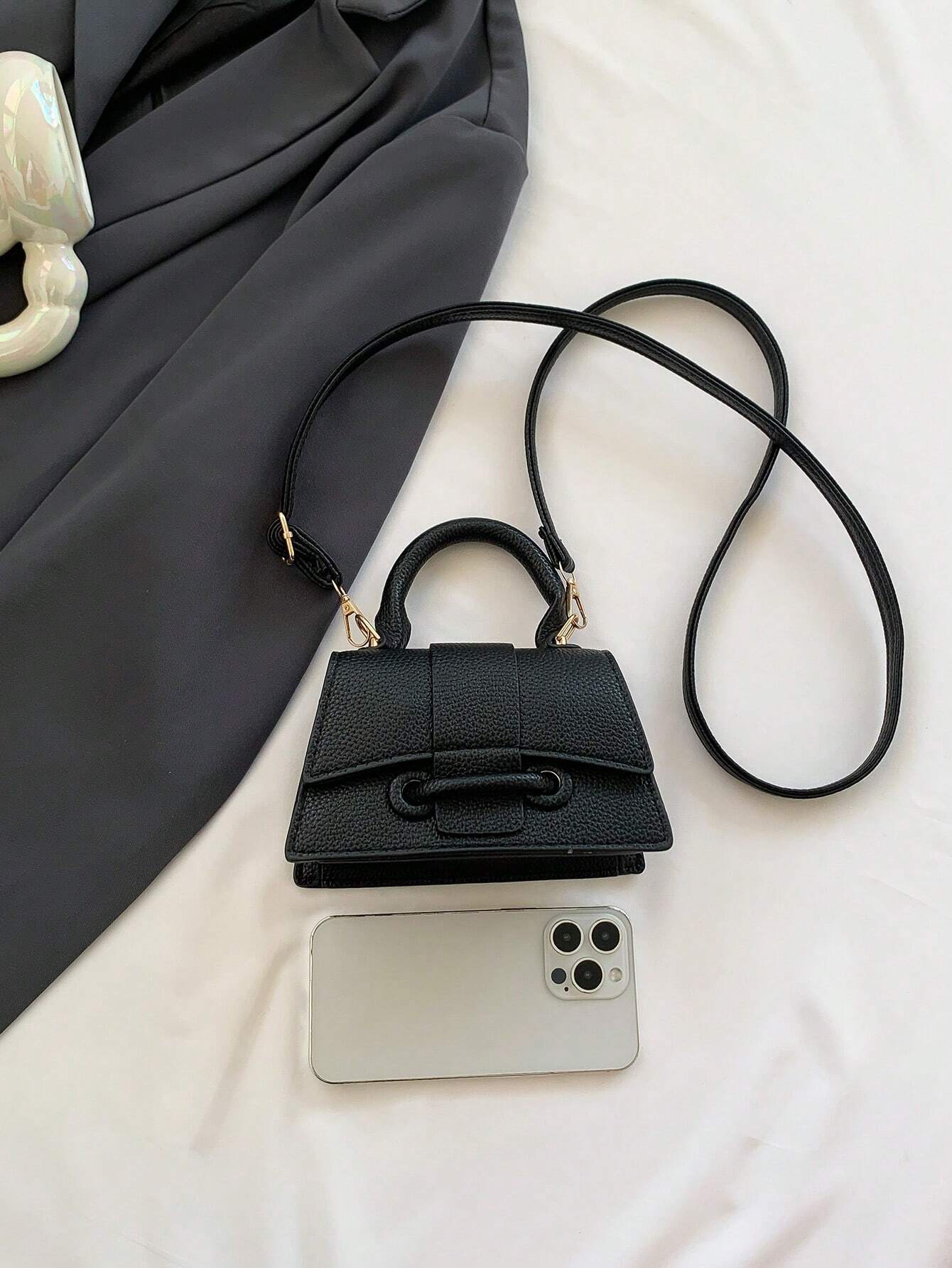 1pc Mini Solid Color Pu Flip Cover Magnetic Closure Top Single Handle Shoulder Strap Adjustable, Fashionable & Versatile Handbag shein