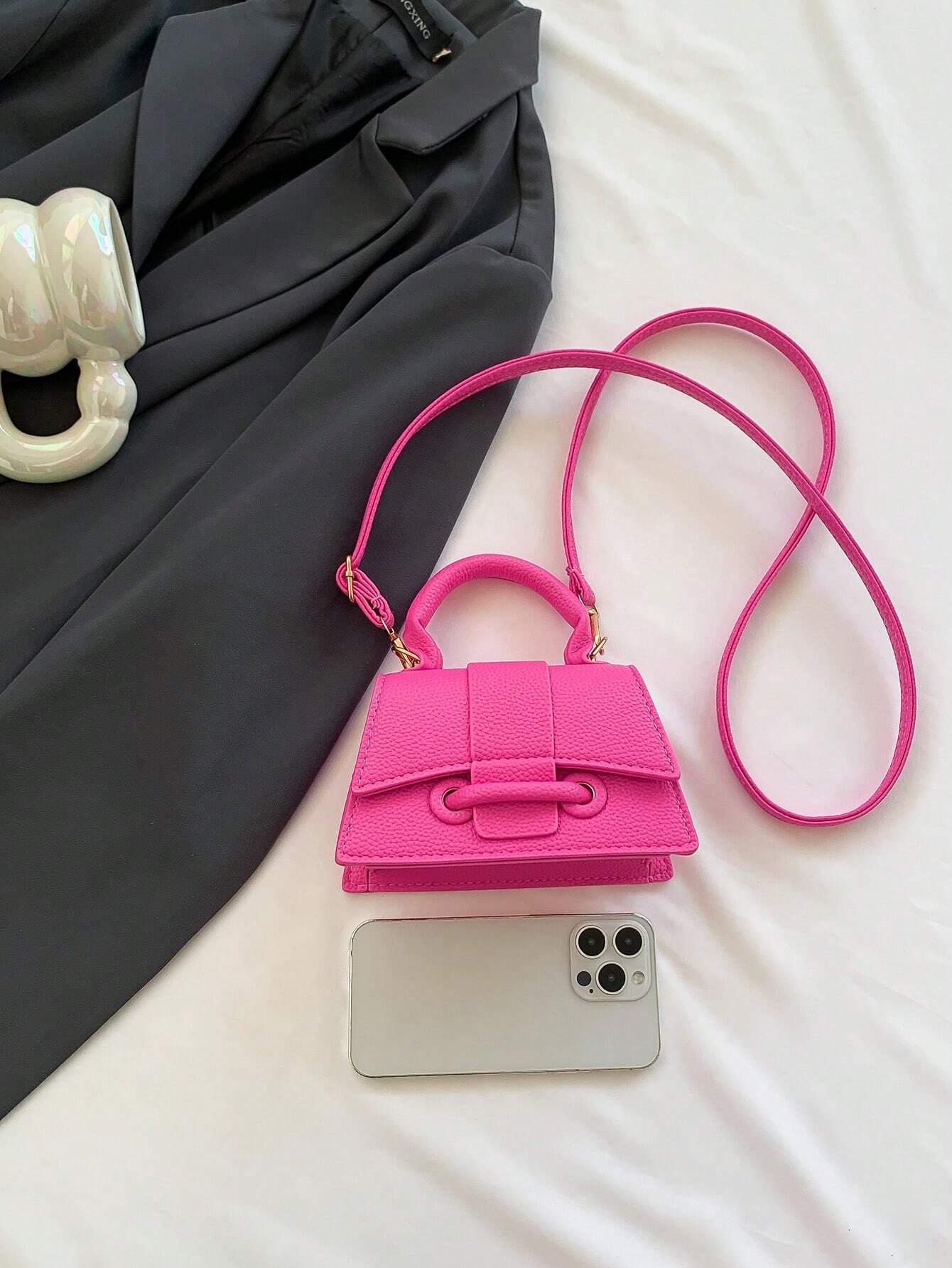 1pc Mini Solid Color Pu Flip Cover Magnetic Closure Top Single Handle Shoulder Strap Adjustable, Fashionable & Versatile Handbag shein