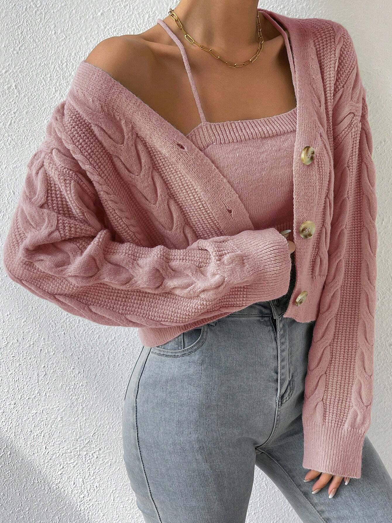 MOOSTA Drop Shoulder Cable Knit Cardigan & Crop Knit Top shein