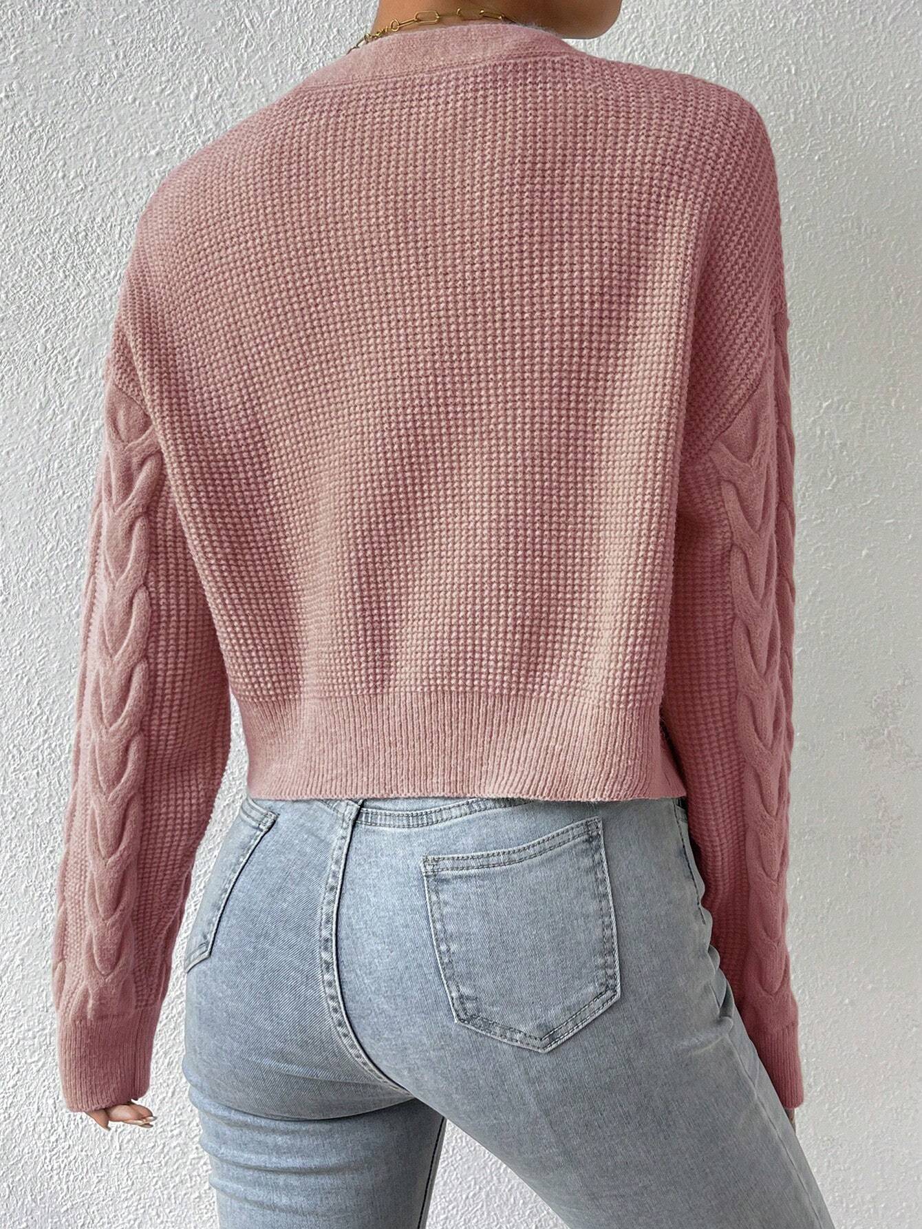 MOOSTA Drop Shoulder Cable Knit Cardigan & Crop Knit Top shein
