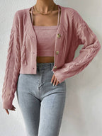 MOOSTA Drop Shoulder Cable Knit Cardigan & Crop Knit Top shein
