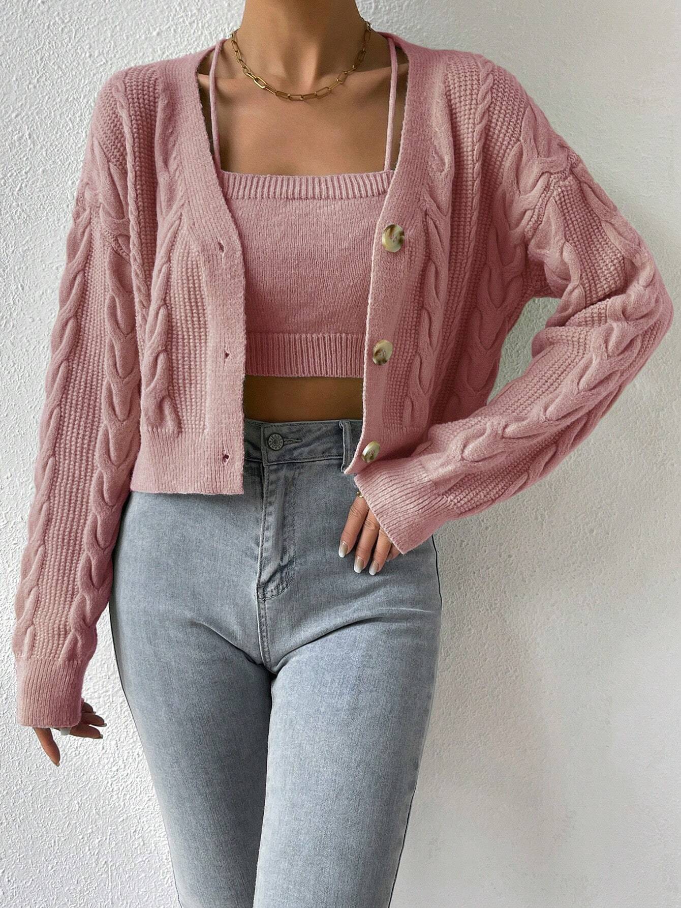 MOOSTA Drop Shoulder Cable Knit Cardigan & Crop Knit Top shein