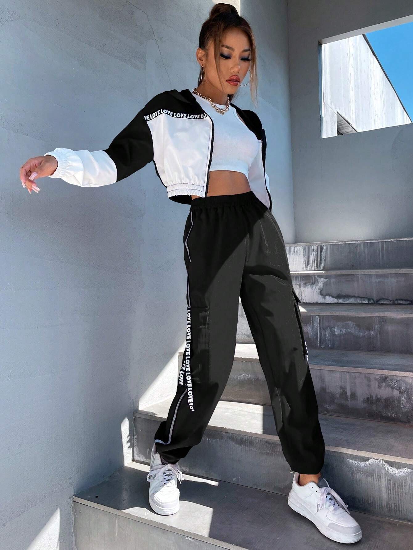 MOOSTA Two Tone Drop Shoulder Letter Tape Zipper Up Jacket & Cargo Pants shein