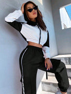 MOOSTA Two Tone Drop Shoulder Letter Tape Zipper Up Jacket & Cargo Pants shein