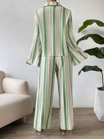 Essnce Striped Print Flare Sleeve Shirt & Wide Leg Pants shein