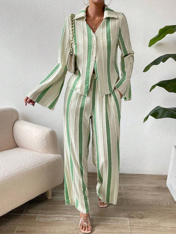 Essnce Striped Print Flare Sleeve Shirt & Wide Leg Pants shein