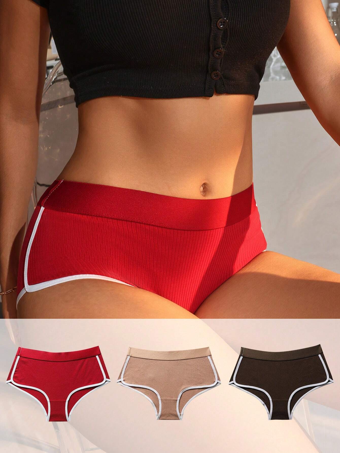 3pcs Contrast Trim Knit Boyshorts shein