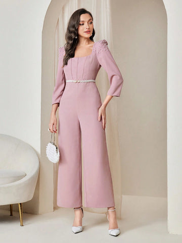 Modely Square Neck Puff Sleeve Wide Leg Jumpsuit shein