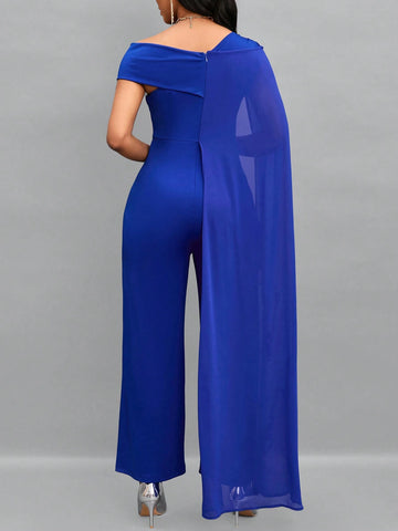 Lady Asymmetrical Neck Cloak Sleeve Wide Leg Jumpsuit shein