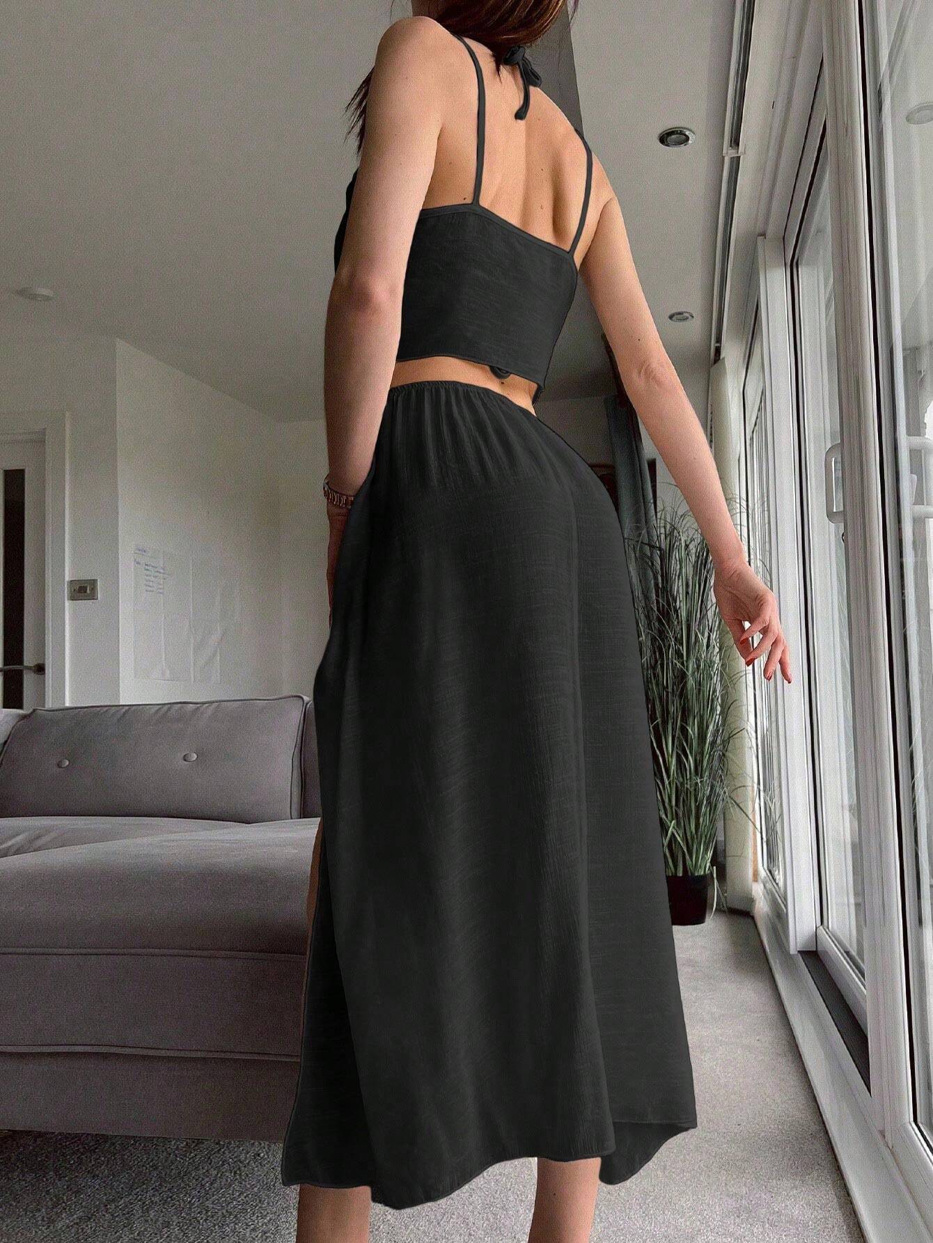 Swim Summer Beach Solid Knot Front Cover Up Top & Split Thigh Skirt shein