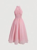 AZ Trim Halter Neck Ruched Waist Dress shein