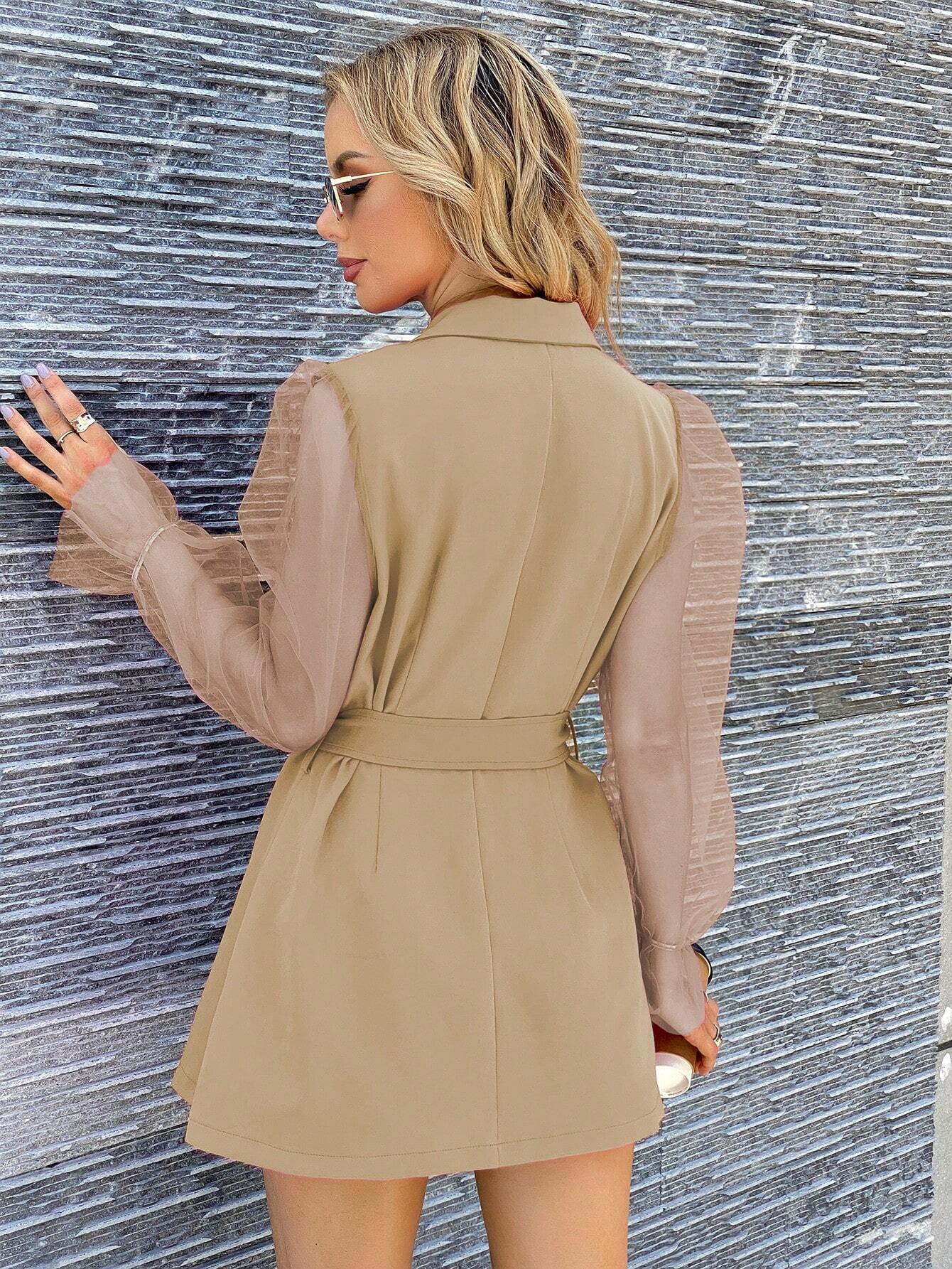 Raffinéa Contrast Mesh Sleeve Blazer Dress shein