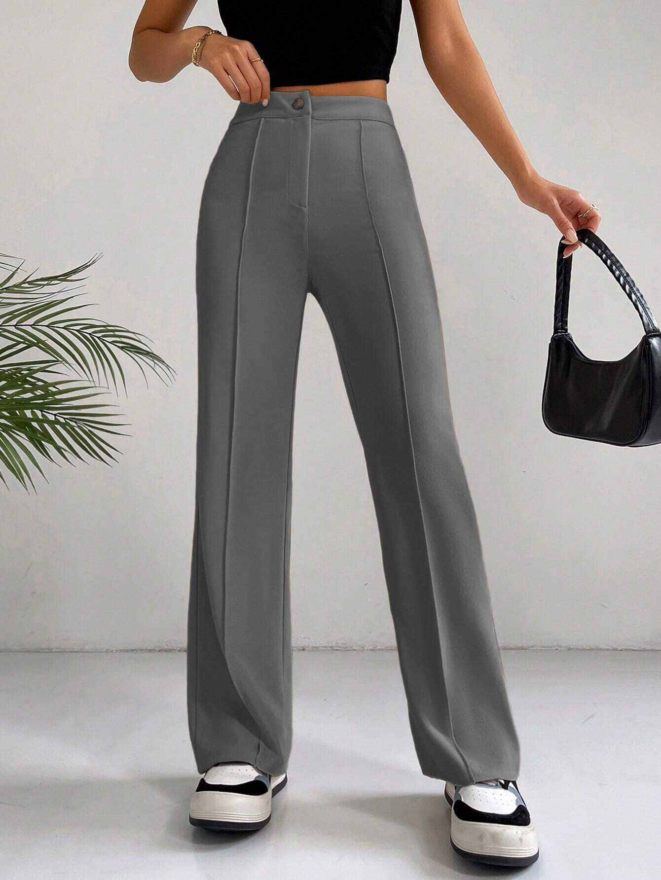 EZwear Y2k Solid Zipper Fly Seam Detail Pants Flare Leggings shein