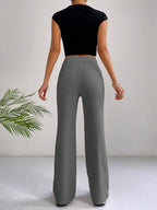 EZwear Y2k Solid Zipper Fly Seam Detail Pants Flare Leggings shein
