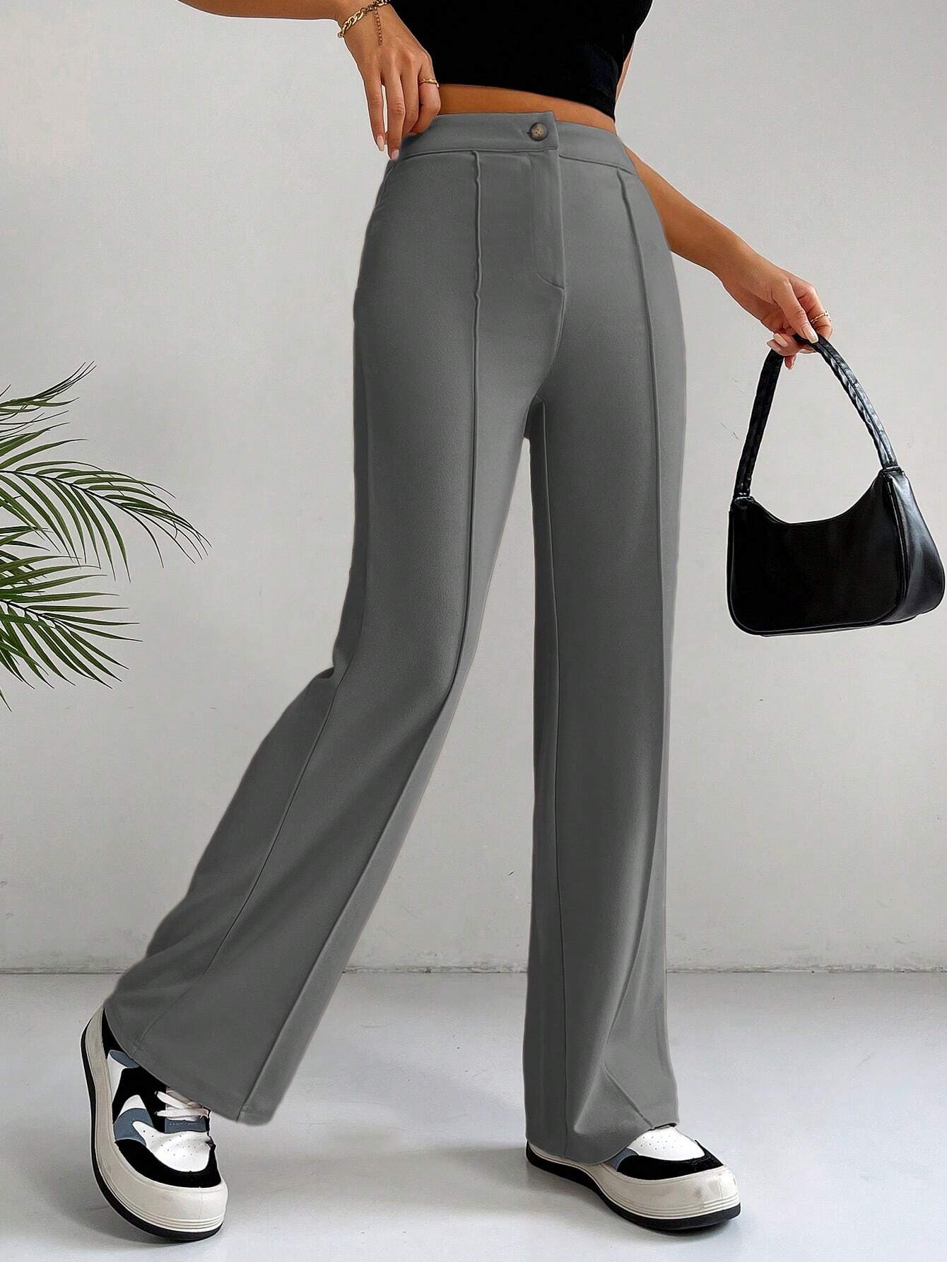 EZwear Y2k Solid Zipper Fly Seam Detail Pants Flare Leggings shein