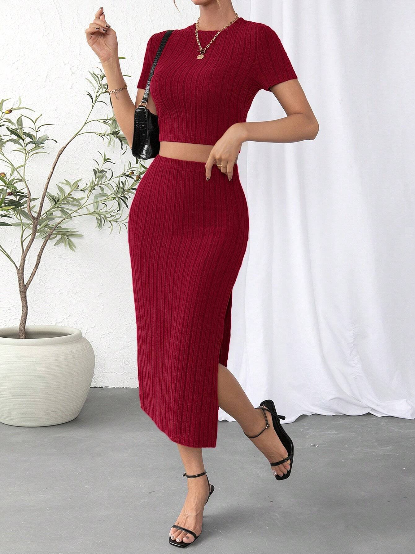 Essnce Solid Crop Tee & Split Thigh Skirt Shein