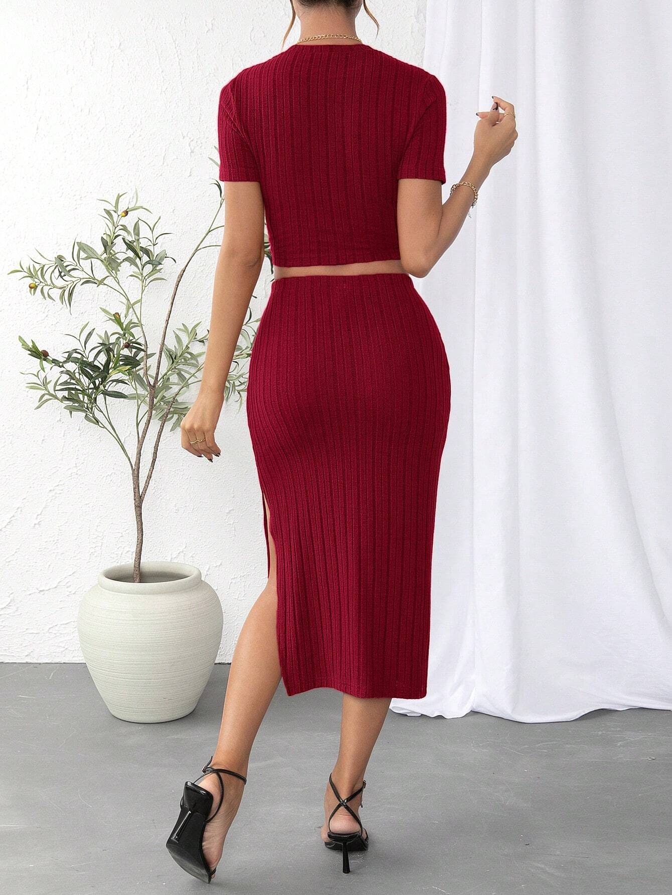 Essnce Solid Crop Tee & Split Thigh Skirt Shein