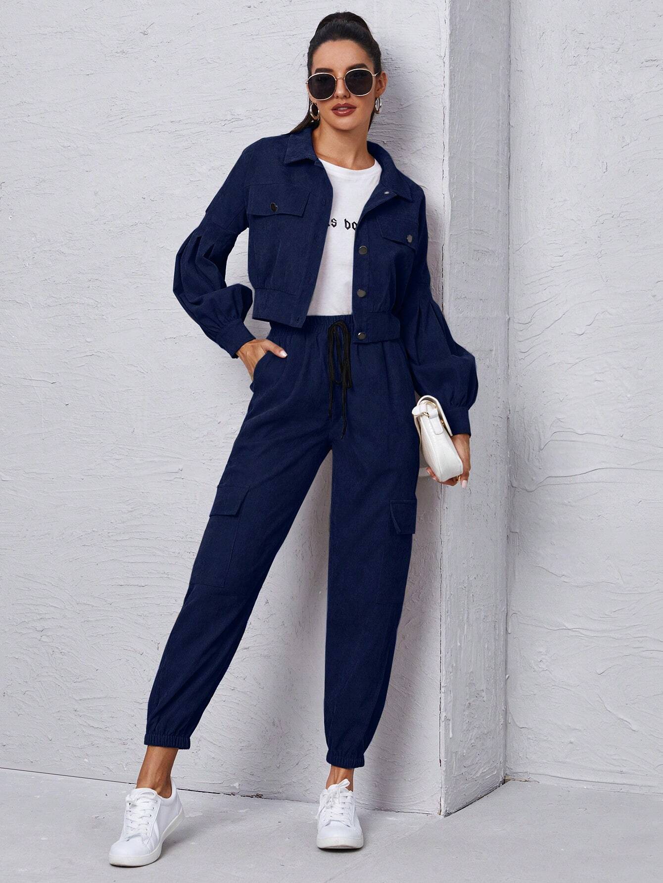 Mulvari Corduroy Flap Detail Jacket With Tie Front Cargo Pants shein