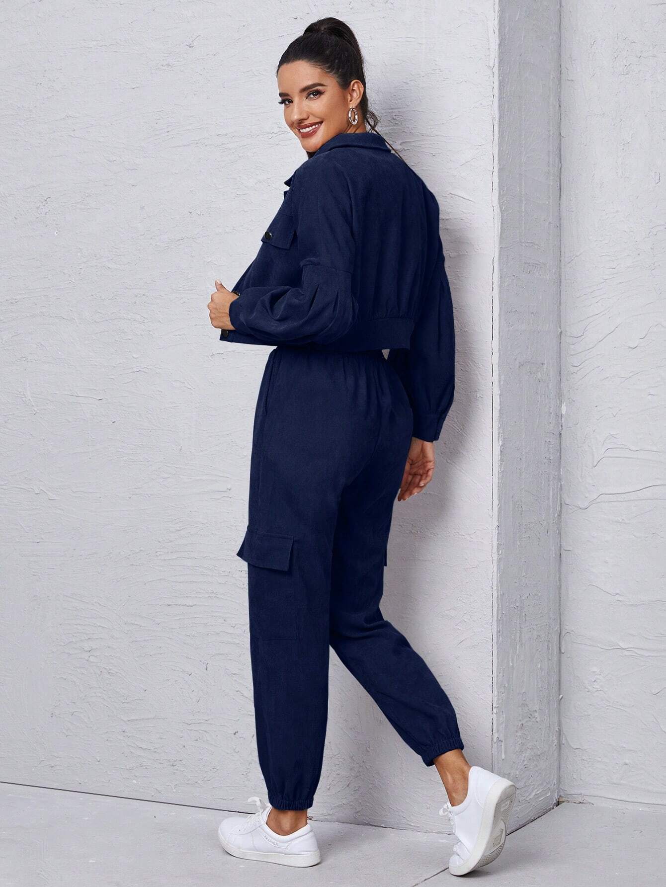 Mulvari Corduroy Flap Detail Jacket With Tie Front Cargo Pants shein
