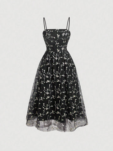 MOD Ladies' Floral Embroidery Splicing Mesh Cami Dress shein